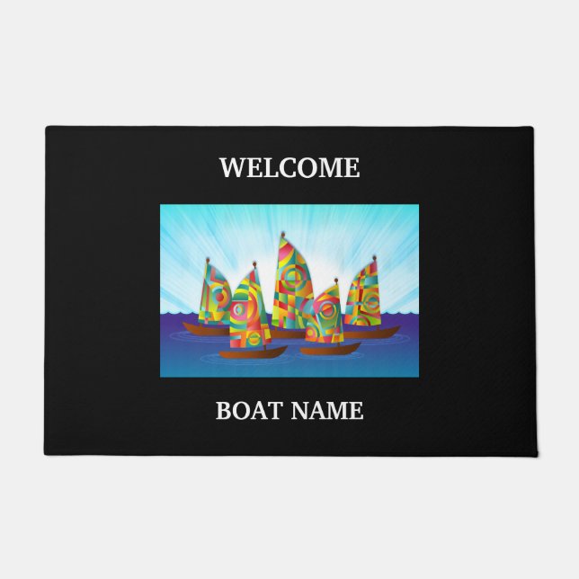 Personalize Nautical Blue Welcome Boat Name Stripe Doormat (Front)