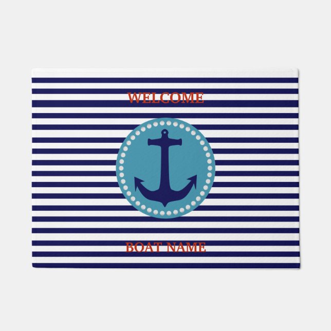 Personalize Nautical Blue Welcome Boat Name Stripe Doormat (Front)