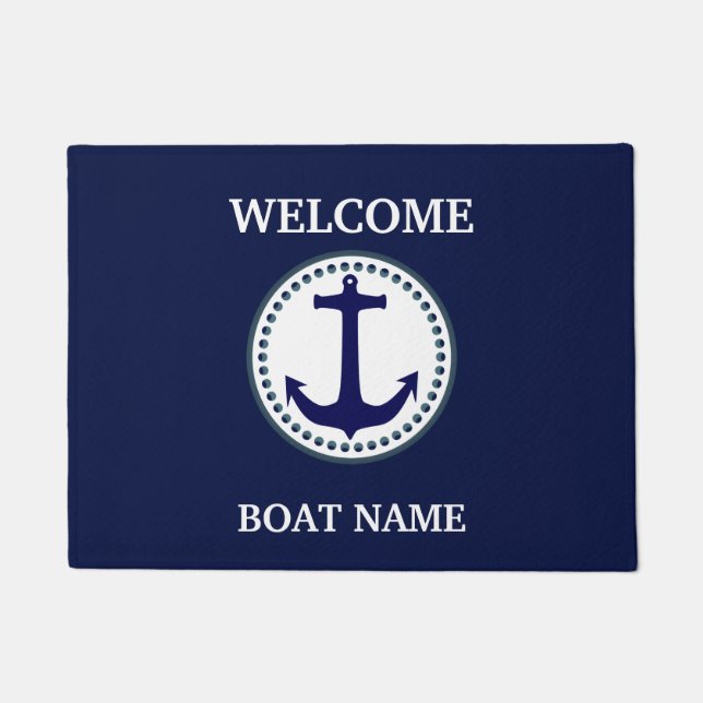 Personalize Nautical Blue Welcome Boat Name Stripe Doormat (Front)