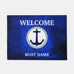 Personalize Nautical Blue Welcome Boat Name Stripe Doormat