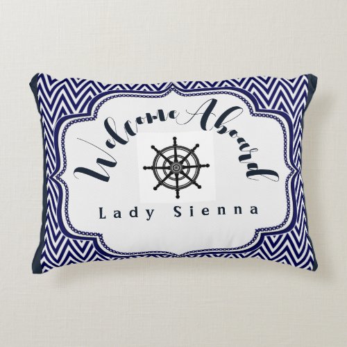 Personalize Navy Blue and White with Ship Wheel   Accent Pillow