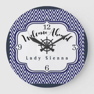 Personalize Navy Blue and White with Ship Wheel Large Clock
