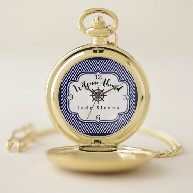 Personalize Navy Blue and White with Ship Wheel    Pocket Watch (Inside)