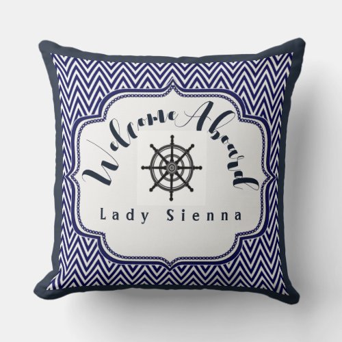 Personalize Navy Blue and White with Ship Wheel   Throw Pillow