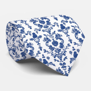 Personalize Navy Blue Damask Floral on White Neck Tie
