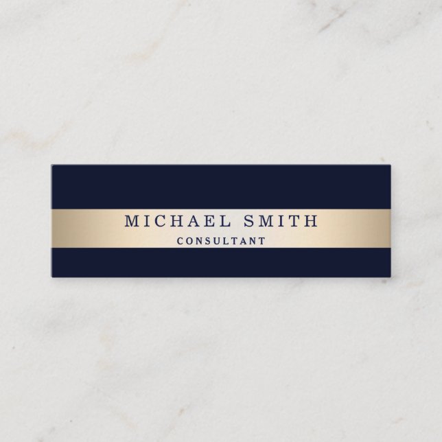 Personalize Navy Blue Faux Gold Foil Striped Mini Business Card (Front)