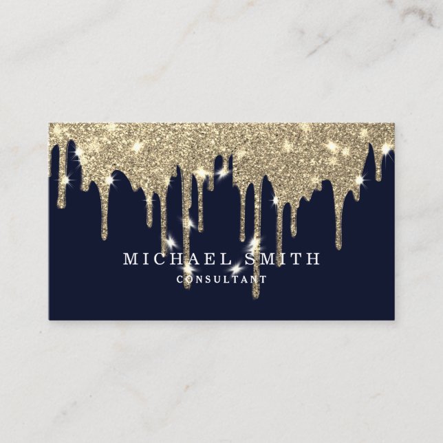 Personalize Navy Blue Gold Drip Modern Stylish Business Card (Front)