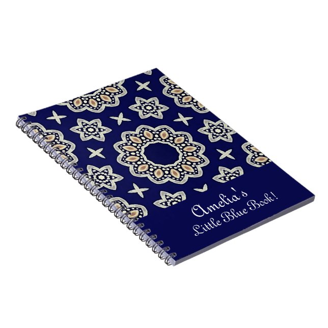 Personalize Navy Blue White & Gold Mandala Dot Art Notebook (Right Side)