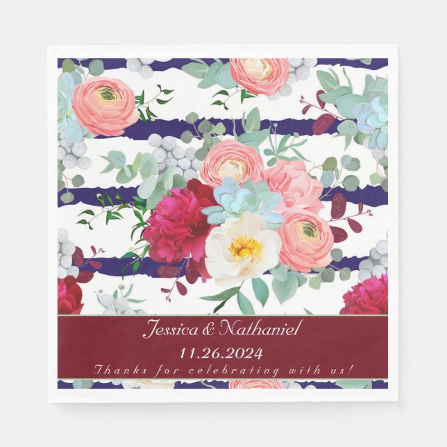 Personalize Navy White Stripe Style Mixed Bouquet  Napkins (Front)