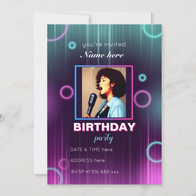 Personalize neon music birthday party invitation (Front)
