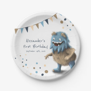 Personalize neutral birthday monster paper plates