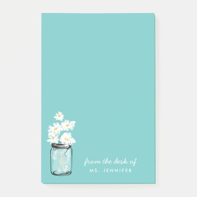 Personalize Note Teal Mason Jar White Daisy Floral