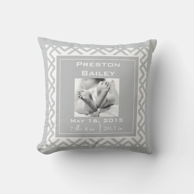 Personalize Nursery Birth Announcement, Gray Throw Pillow (Front)