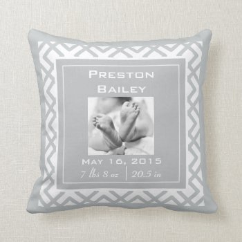 Personalize Nursery Birth Announcement  Gray Throw Pillow by FridaBarlowDesign at Zazzle