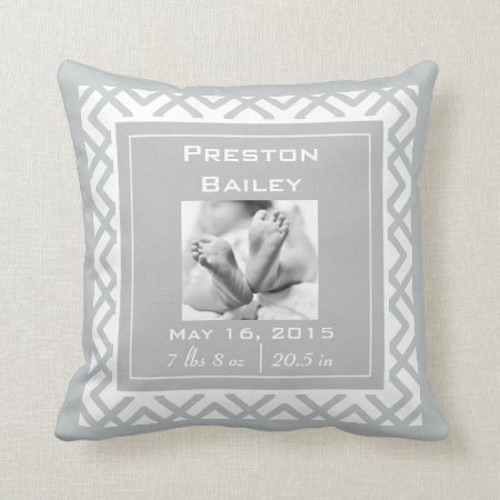 Personalize Nursery Birth Announcement, Gray Throw Pillow