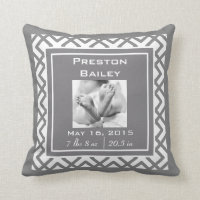 Personalize Nursery Birth Announcement, Gray Throw Pillow