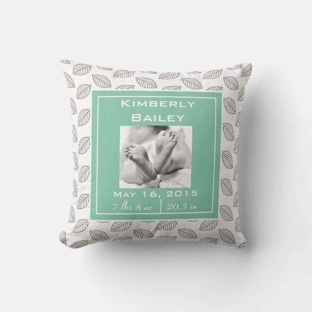 Personalize Nursery Birth Announcement, Mint Green Throw Pillow (Front)