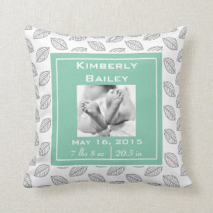 Personalize Nursery Birth Announcement, Mint Green Throw Pillow