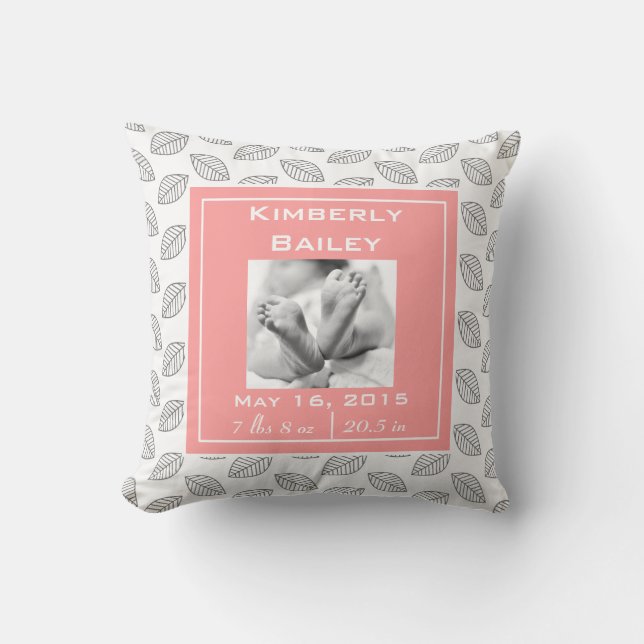 Personalize Nursery Birth Announcement, Pink Coral Throw Pillow (Front)