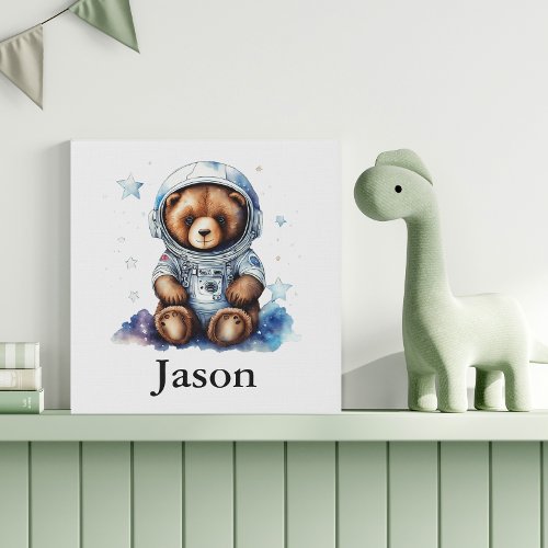 Personalize Nursery Kids Room Astronaut Bear Faux Canvas Print