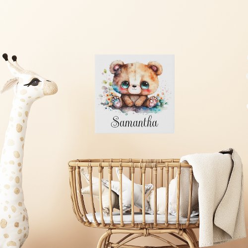 Personalize Nursery Kids Room Bear Cub Watercolor Faux Canvas Print
