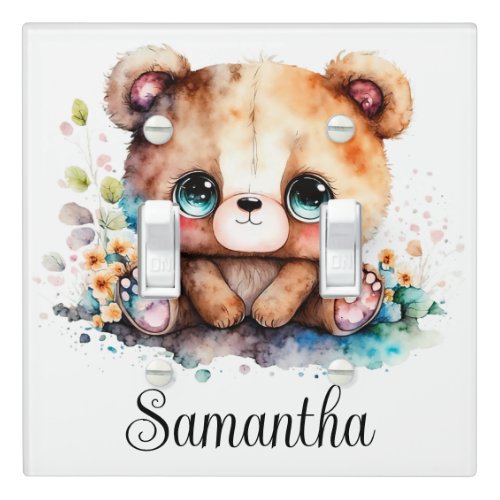 Personalize Nursery Kids Room Bear Cub Watercolor Light Switch Cover