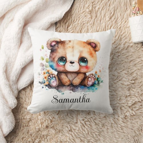 Personalize Nursery Kids Room Bear Cub Watercolor Throw Pillow