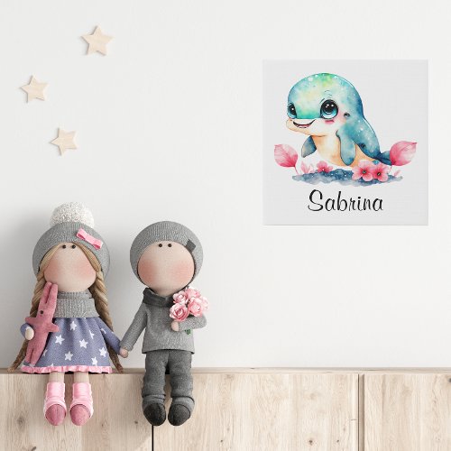 Personalize Nursery Kids Room Dolphin Watercolor Faux Canvas Print