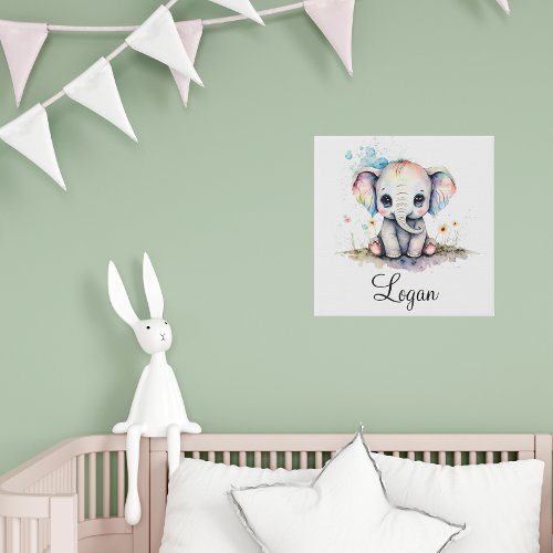 Personalize Nursery Kids Room Elephant Watercolor Faux Canvas Print