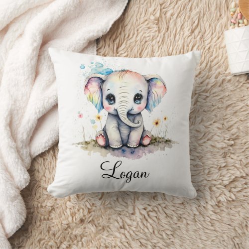 Personalize Nursery Kids Room Elephant Watercolor Throw Pillow