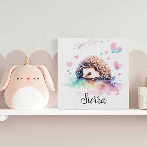 Personalize Nursery Kids Room Hedgehog Watercolor Faux Canvas Print