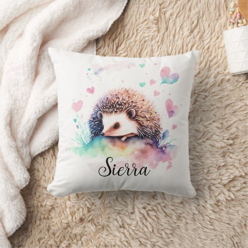 Personalize Nursery Kids Room Hedgehog Watercolor Throw Pillow