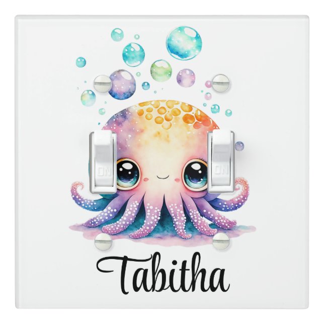 Personalize Nursery Kids Room Octopus Watercolor Light Switch Cover (In Situ)