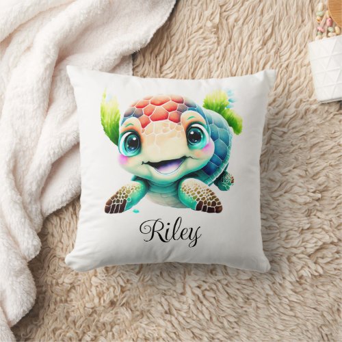 Personalize Nursery Kids Room Turtle Watercolor Throw Pillow