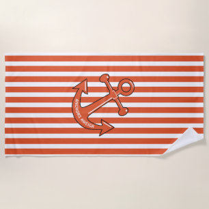 Personalize Orange Cabana Stripes Anchor Beach Towel