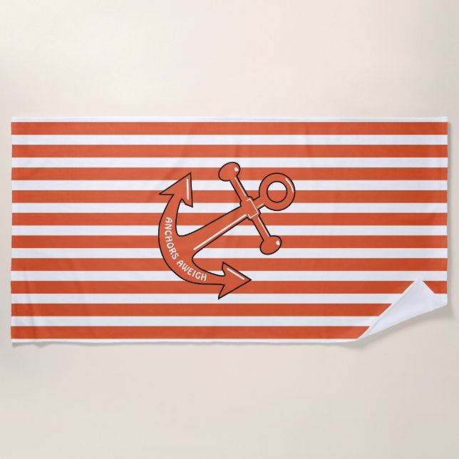 Personalize Orange Cabana Stripes Anchor Beach Towel (Front)