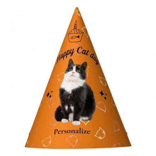 Personalize Orange Happy Cat Day  Party Hat