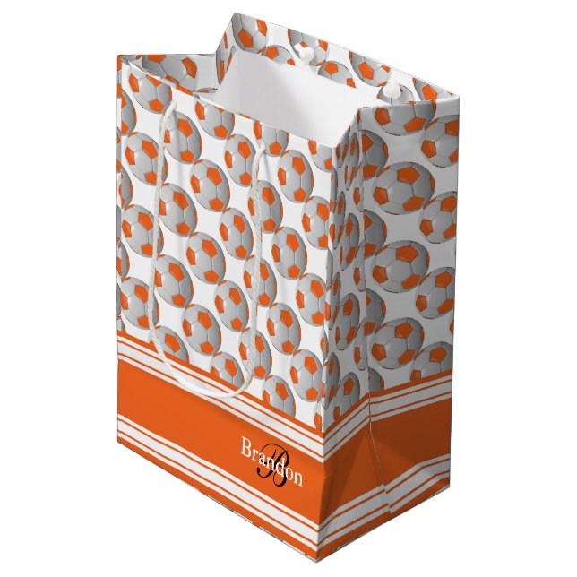 Personalize Orange Soccer Balls Medium Gift Bag (Front Angled)
