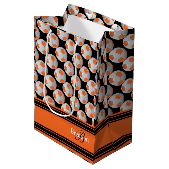 Personalize Orange Soccer Balls Medium Gift Bag (Front Angled)