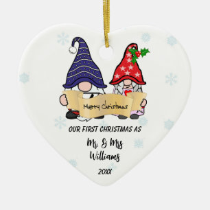 Personalize Our First Christmas Gnomes Heart Ceramic Ornament