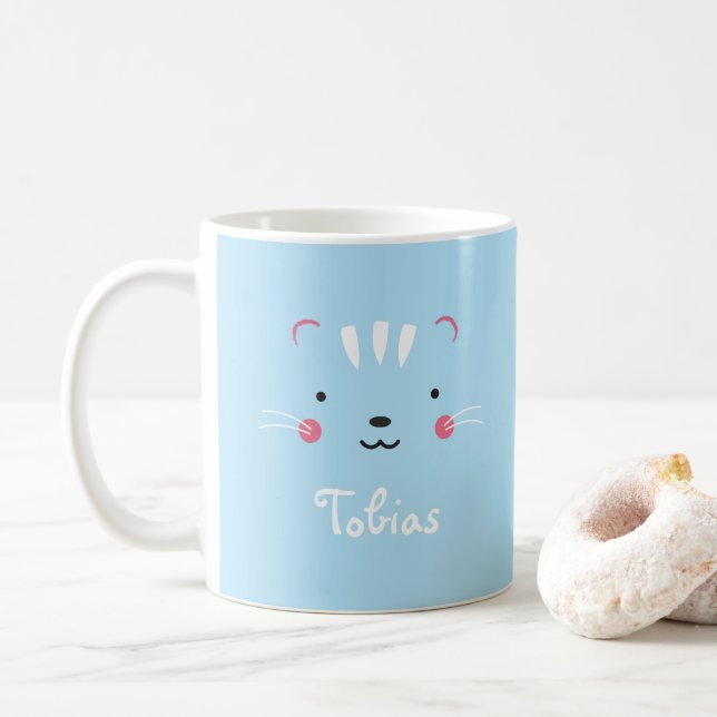 Personalize paleturquoise blue adorable cat mug (With Donut)