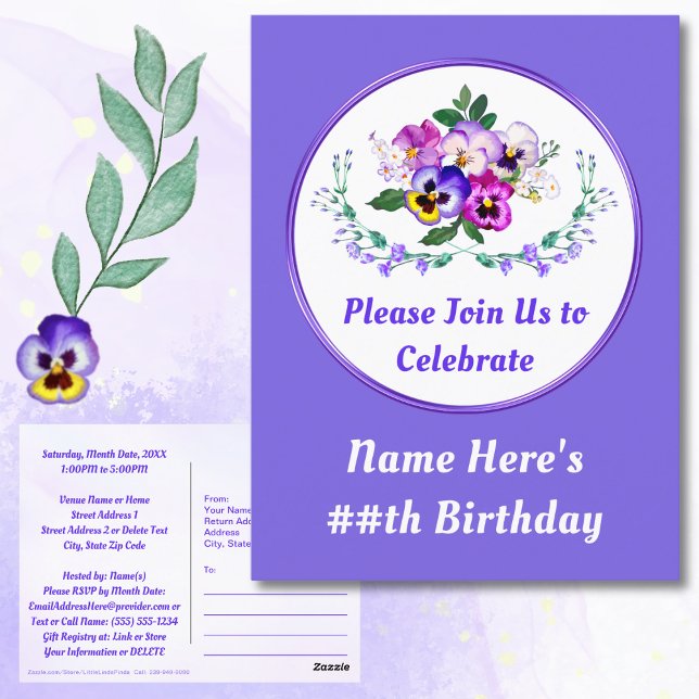 Personalize Pansies, Birthday Postcard Invitations (Birthday Save the Date Postcards. Cheap Save the Dates. Purple, Lavender Birthday. Pansy Birthday.)