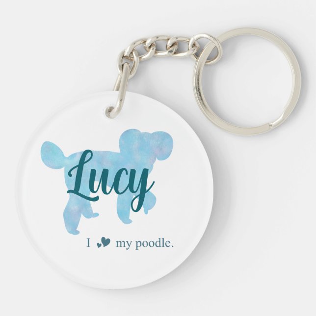 Personalize Pastel Blue Poodle Silhouette custom Keychain (Back)