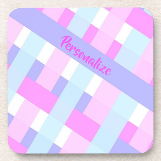 Personalize Pastel Gingham Stripes Beverage Coaster (Front)