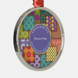 Personalize Patchwork Pattern Flowers Polka Dot Metal Ornament
