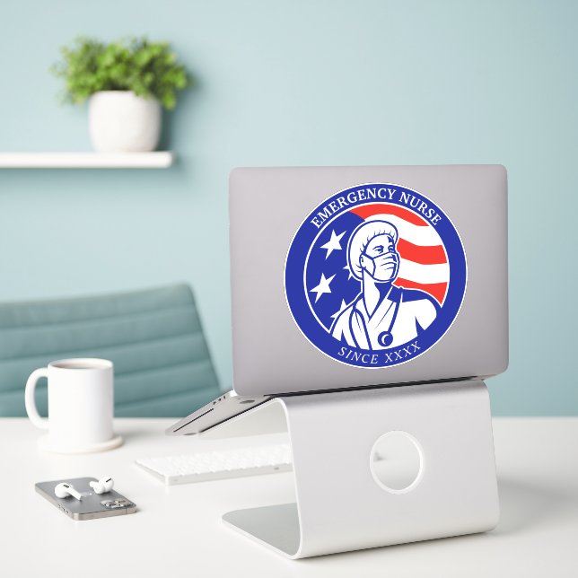 Personalize Patriotic USA Flag RN Registered Nurse Sticker (Laptop On Desk)