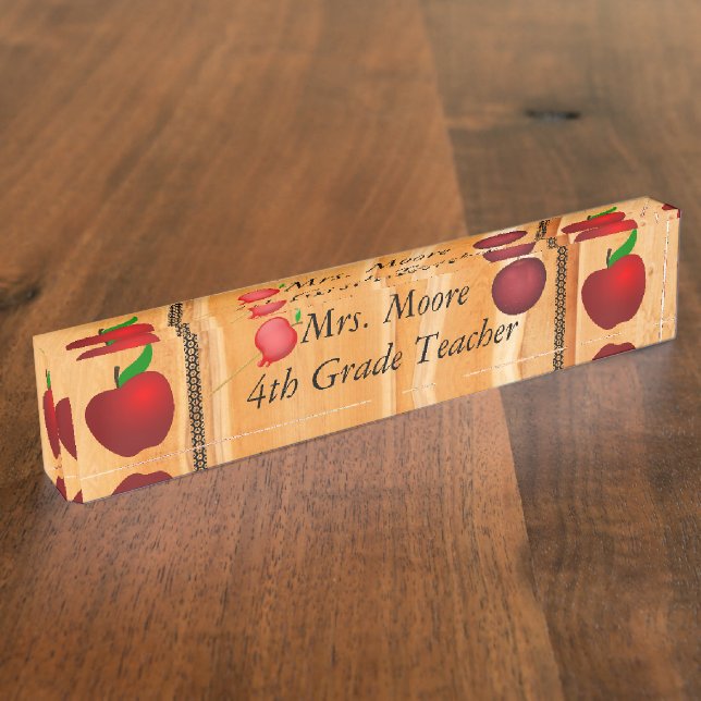 Personalize Pattern Apple Art Name Teacher Class Desk Name Plate (Side)