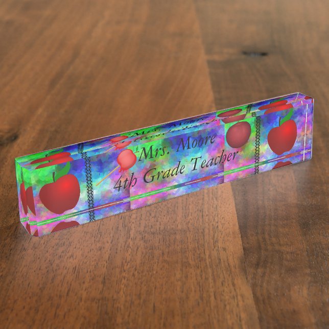 Personalize Pattern Apple Art Name Teacher Class Nameplate (Side)