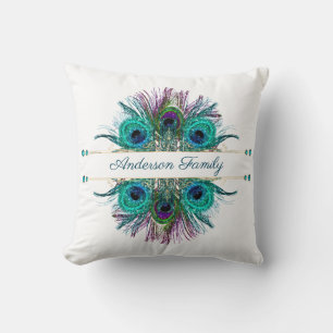 Personalize Peacock Feathers Teal Purple Blue Gold Throw Pillow