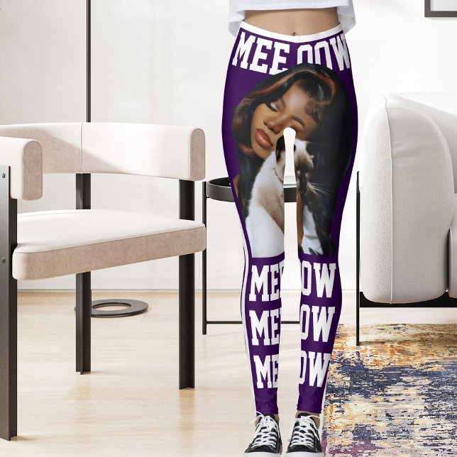 Personalize Pet Cat Mom Cute Purple White Photo Leggings (Creator Uploaded)